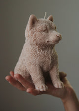 Akita Inu puppy candle close up, sculptural dog candle soy wax