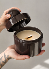 Luxury ceramic candle with lid, natural soy wax and wooden wick, hand-poured in Australia.