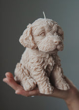 Labradoodle puppy candle close up, fluffy doodle dog candle soy wax